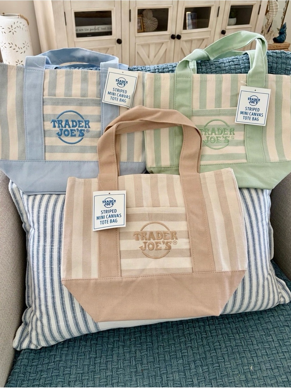 Trader Joe's Striped Mini Canvas Tote Bag - Blue, Green & Beige 3 Ct New